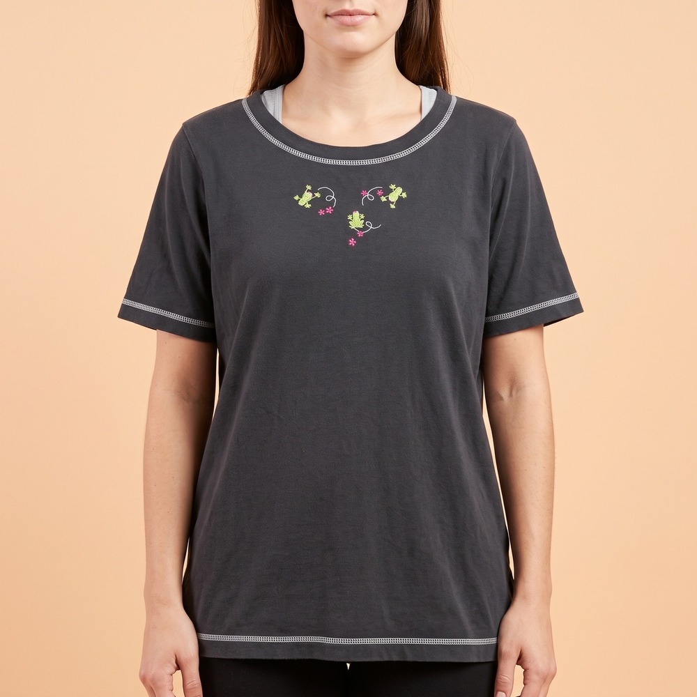 BonWorth T-Shirt Womens Large Black Embroidered Frog Contrast Stitch